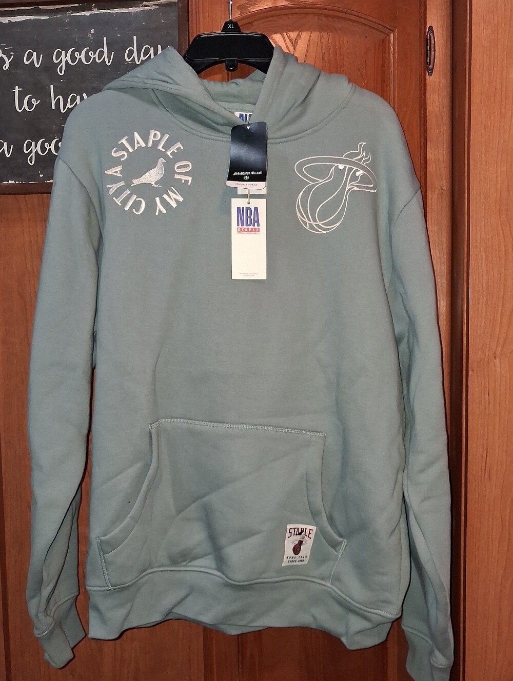 NBA Staple Grey Green Pullover Hoodie with NBA Miami Heat Logo In A Mens Medium